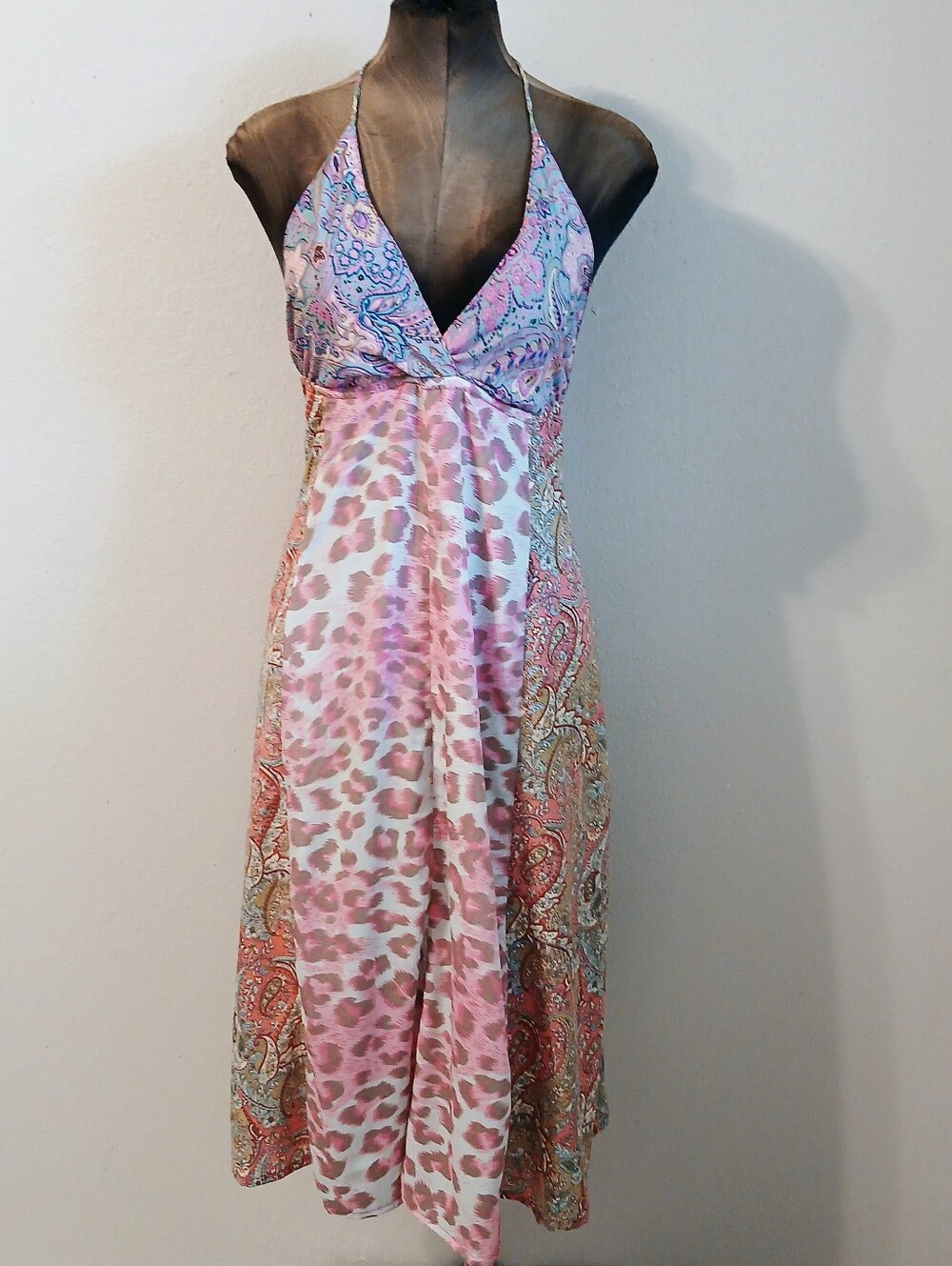 Karma Highway Boho Midi Multi Pink Leopard   Halter Dress